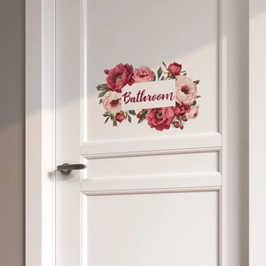 Floral bathroom door sticker with pink peonies and hand-written script text