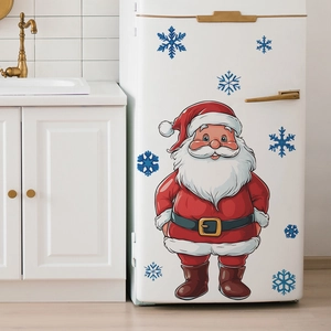 Christmas Santa Claus fridge magnet with blue snowflakes set on a white refrigerator