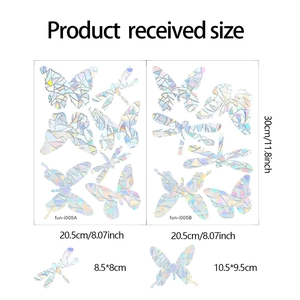 Detail of holographic window stickers showing dimensions for butterfly and dragonfly decals