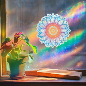 Rainbow sun catcher window sticker with mandala flower design creating colorful light