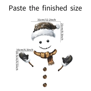 Detailed view of snowman wall stickers with hat, scarf and branch gloves dimensions