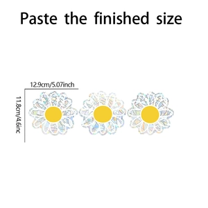 Detailed view of 3D holographic daisy window stickers showing dimensions 12.9cm x 11.8cm