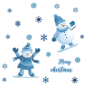 Cartoon Christmas snowman skiing wall stickers with blue snowflakes and Merry Christmas text