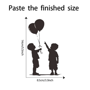 Detailed dimensions showing 14cm height for silhouette boy with balloon wall sticker
