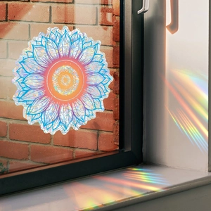 Holographic sunflower mandala suncatcher window sticker creating rainbow light on walls