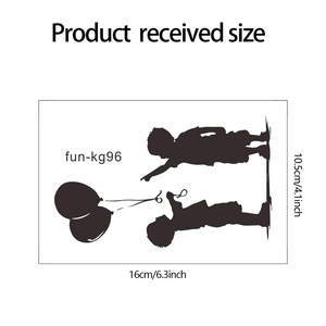Detailed dimension guide for black silhouette wall sticker showing child with balloon