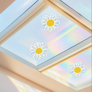 Rainbow prism daisy window stickers creating colorful suncatcher shadows on glass