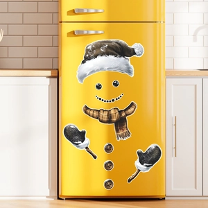 Christmas snowman fridge sticker set with brown scarf and black gloves on yellow refrigerator