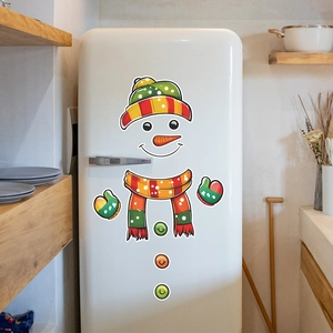 Festive Christmas snowman sticker set with colorful scarf and hat on white refrigerator