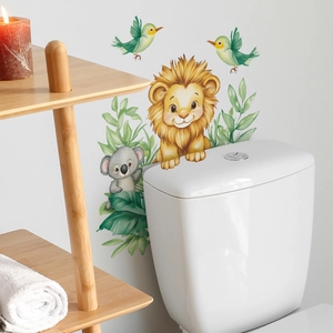 Cartoon lion and koala bathroom wall stickers with green leaves for home decoration