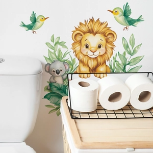 Cartoon lion and koala bathroom wall sticker with tropical leaves for home decor