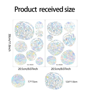 Detailed dimension chart for holographic rainbow glass window stickers with cracked texture