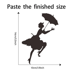 Detail showing dimension for girl silhouette umbrella wall sticker measuring 14x10 cm