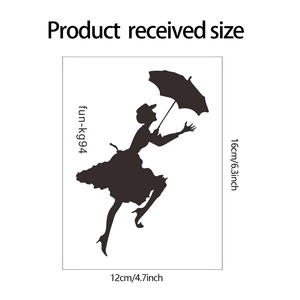 Detailed product size chart showing 12x16cm dimensions for umbrella girl silhouette wall sticker