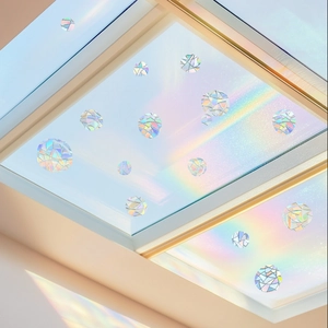 Rainbow prism suncatcher stickers with broken glass texture reflecting colorful sunlight