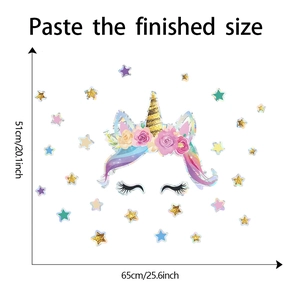Detail showing dimensions of laser colorful unicorn and stars window sticker, 65x51cm size