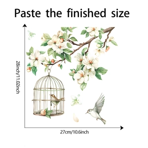 Detail showing dimension measurements of floral branch and bird cage wall stickers