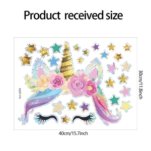 Detailed view of unicorn window stickers set including horn and stars measuring 40x30cm