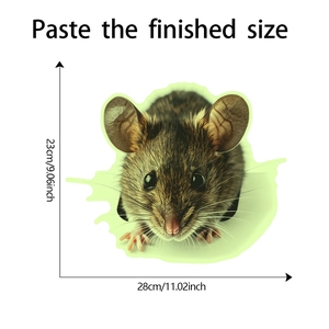Detailed size chart showing a 3D mouse wall sticker measuring 28cm by 23cm in dimension