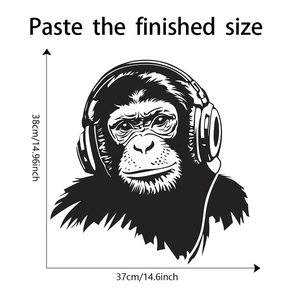 Detailed dimensions of a gorilla with headphones wall sticker showing 38cm by 37cm size