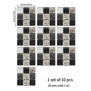 Detailed view of 10x10cm grey marble mosaic tile stickers with measurement indicators