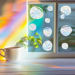 Irregular circular rainbow window stickers with colorful 3D prism refraction effects