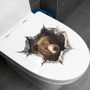 3D realistic brown bear wall sticker showing a creative broken hole effect for bathroom decor
