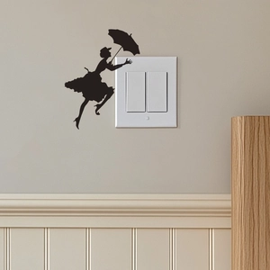 Creative black silhouette wall sticker of Mary Poppins flying with an umbrella for decor
