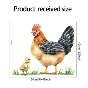 Detailed dimension guide for watercolor rooster and chick garden wall stickers