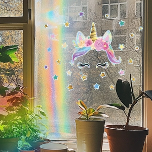 Rainbow laser unicorn and stars glass window sticker with suncatcher light refraction effects