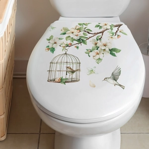 Floral birdcage toilet seat cover sticker with fresh white flowers and birds decoration