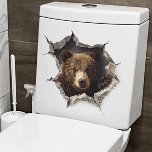 3D cartoon brown bear toilet wall sticker with realistic crack pattern for bathroom decor