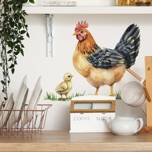 Detailed watercolor rooster and chick wall sticker applied in a cozy kitchen background
