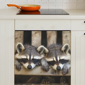 Realistic sleeping raccoons on wood decal for dishwasher or kitchen appliance decor