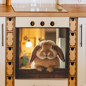 Realistic brown lop-eared rabbit wall sticker on a kitchen oven door with wood frame design