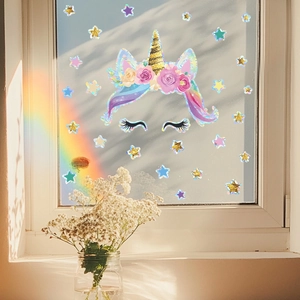 Holographic Unicorn Star Window Sticker Rainbow Suncatcher PVC Wall Decal For Kids Nursery Bedroom Glass Door Decoration
