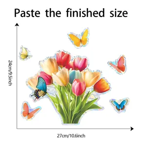 Detailed size chart showing dimensions of the laser tulip and butterfly window stickers