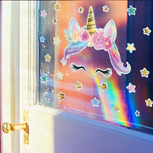 Rainbow laser unicorn stars window decals for home glass decoration with 3D prism effect