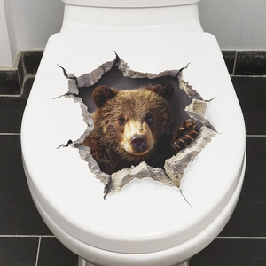 3D realistic brown bear wall sticker for bathroom toilet lid decoration with hole effect
