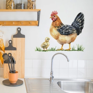Pastoral watercolor rooster and chick wall sticker for kitchen and home decor
