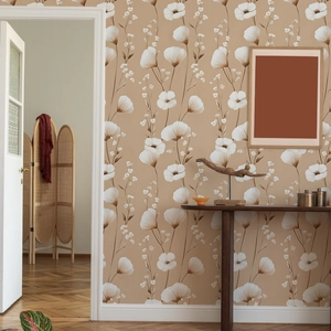 Gros plan sur un papier peint intissé vintage avec motifs coquelicots blancs sur fond marron