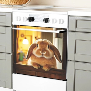Cute brown lop-eared rabbit sticker decoration for modern white kitchen oven door