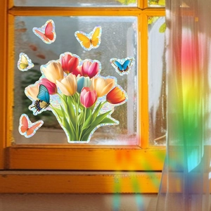 Rainbow prism window film showing tulip and butterfly decals with sunlight refraction effect