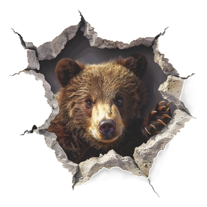 3D realistic brown bear cub breaking through a cracked wall effect bathroom wall sticker