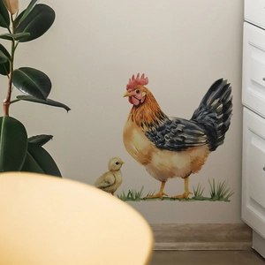 Watercolor rooster wall decal set displayed on beige wall with green plant and white cabinet