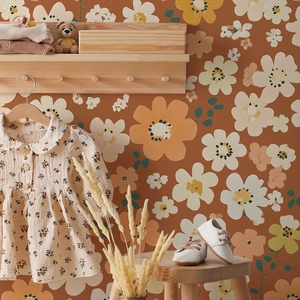 Bohemian floral baby dress in cream with vintage flower wallpaper and nursery decor