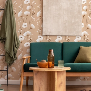 Papier peint intissé à fleurs marron caramel et blanc pour décor de salon moderne