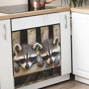 Self-adhesive kitchen dishwasher sticker featuring two sleeping raccoons on a fence