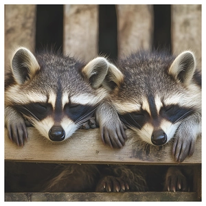 Self-adhesive wall sticker featuring two cute sleeping raccoons on a wooden branch decor
