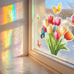 Rainbow laser tulip and butterfly window stickers reflecting colorful light on interior walls